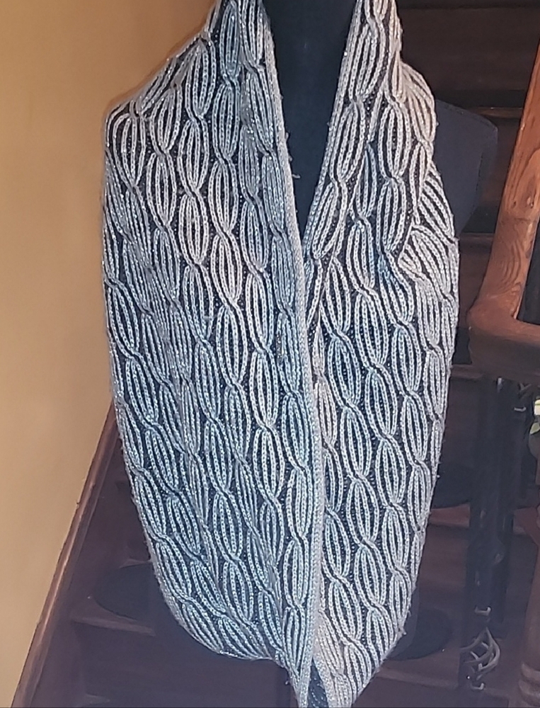 Calvin Klein Black Gray Silver Infinity Scarf Textured Knit Metallic Accent